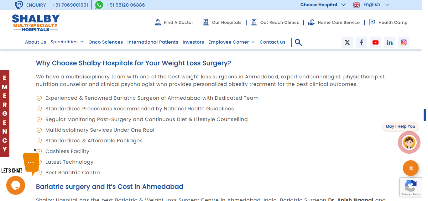 Shalby Hospitals Services Available